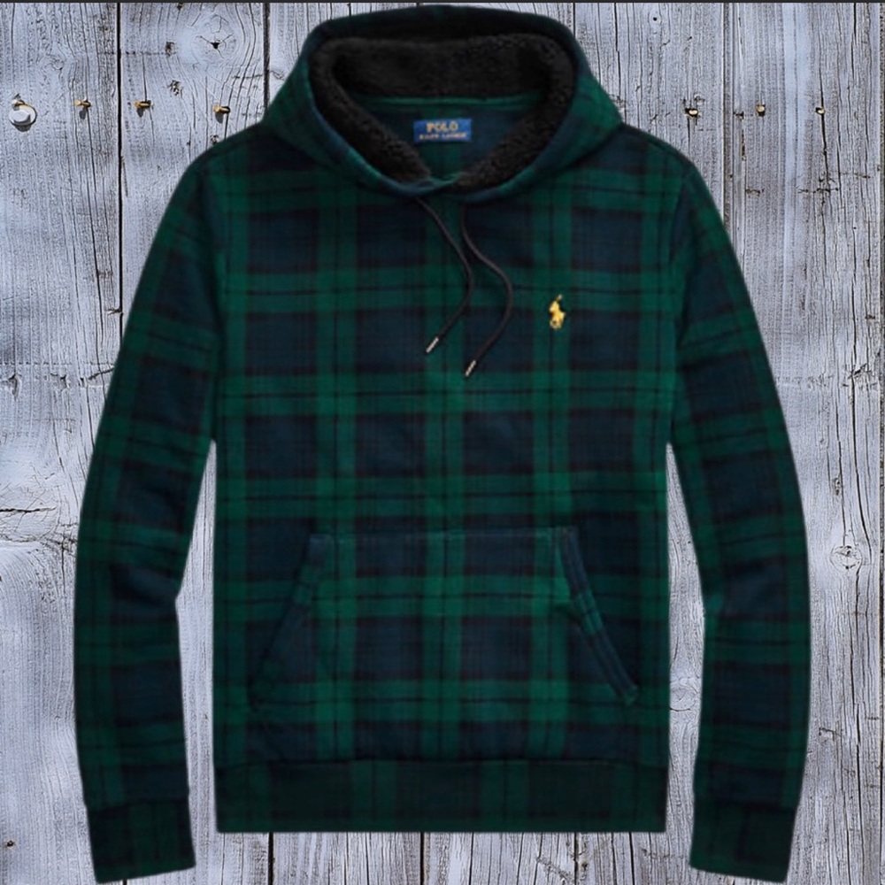 Polo Ralph Lauren Plaid Green Sherpa Pullover Hoodie (Men’s XL) Brand New w/Tags